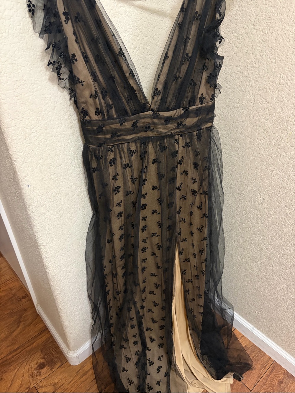 Baltic Born Black Embroidered Tulle Maxi Dress with Nude Lining